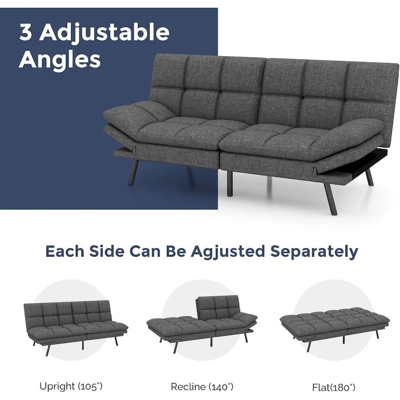 Divano letto futon convertibile grigio/nero con braccioli e schienale regolabili, 2 posti