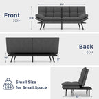 Divano letto futon convertibile grigio/nero con braccioli e schienale regolabili, 2 posti