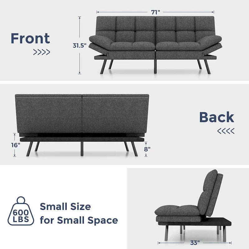 Divano letto futon convertibile grigio/nero con braccioli e schienale regolabili, 2 posti
