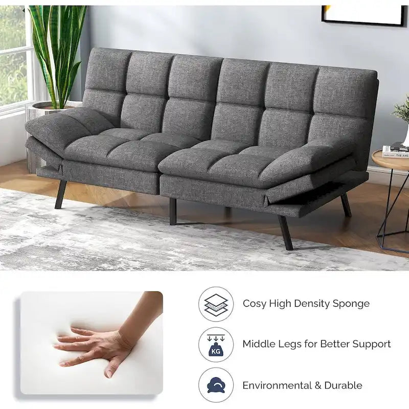 Divano letto futon convertibile grigio/nero con braccioli e schienale regolabili, 2 posti