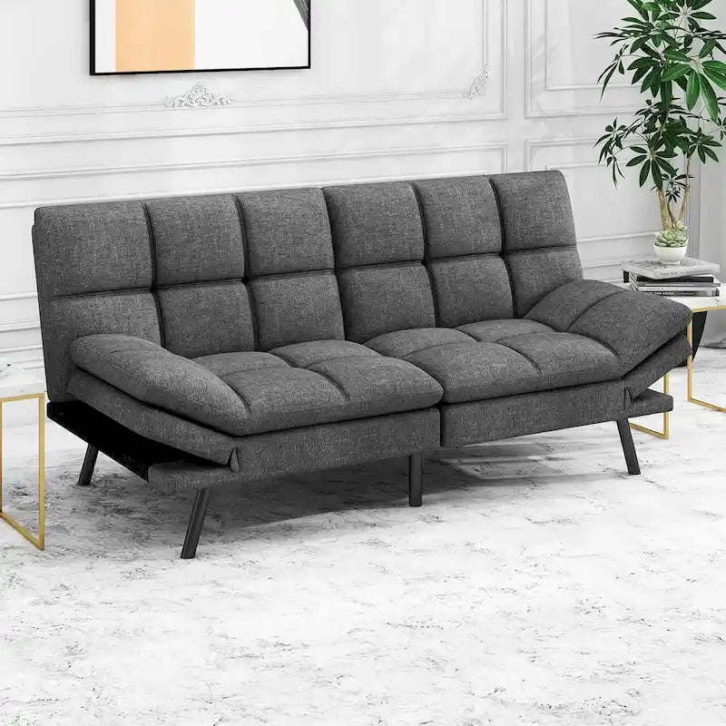 Divano letto futon convertibile grigio/nero con braccioli e schienale regolabili, 2 posti