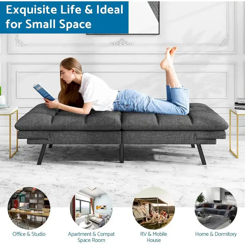 Divano letto futon convertibile grigio/nero con braccioli e schienale regolabili, 2 posti