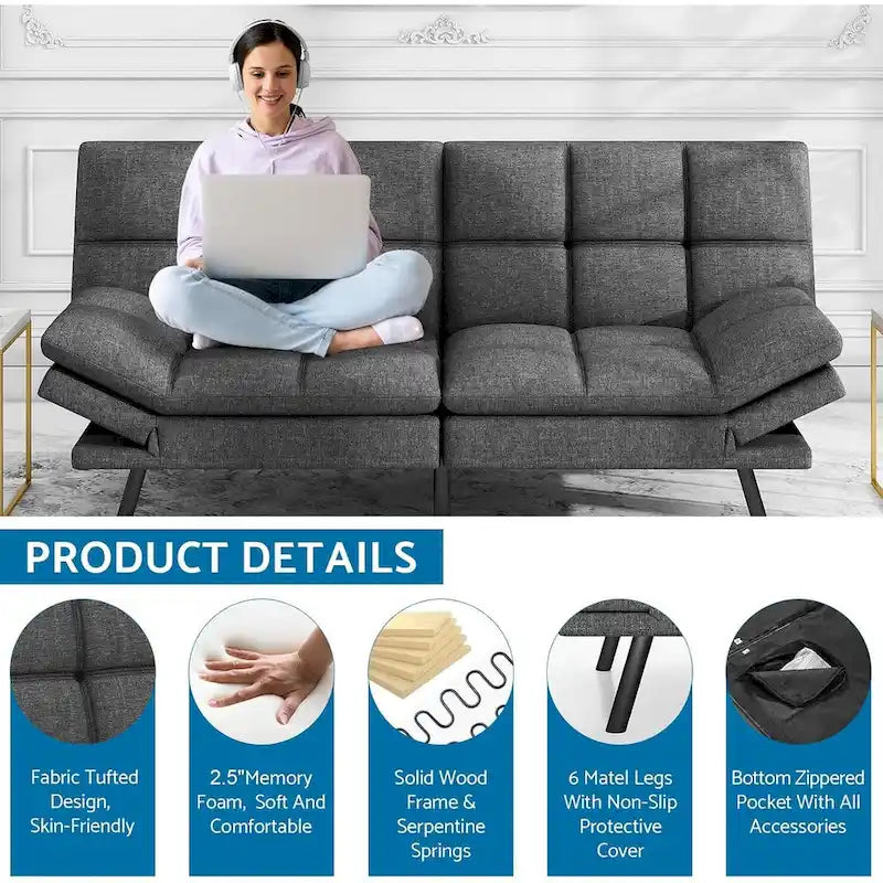 Divano letto futon convertibile grigio/nero con braccioli e schienale regolabili, 2 posti