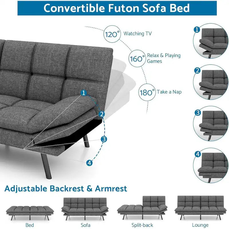 Divano letto futon convertibile grigio/nero con braccioli e schienale regolabili, 2 posti