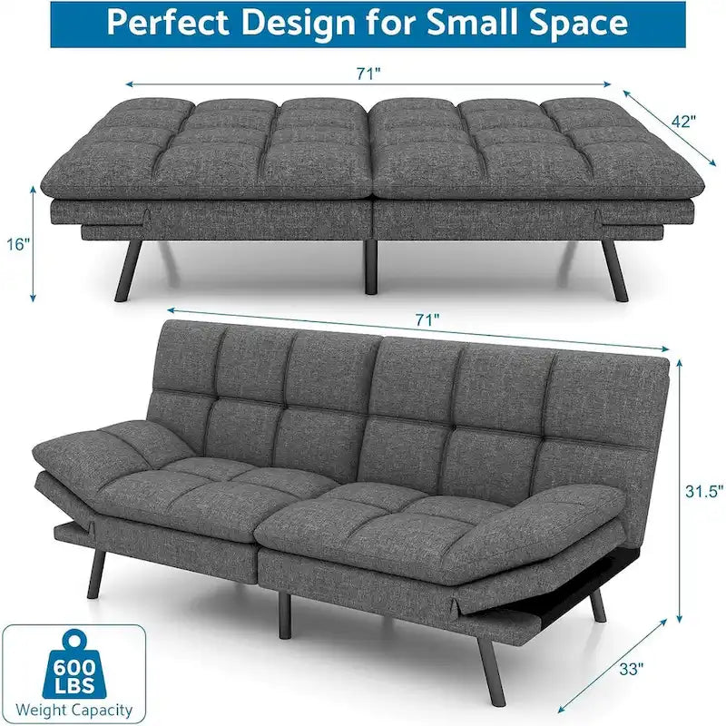 Divano letto futon convertibile grigio/nero con braccioli e schienale regolabili, 2 posti