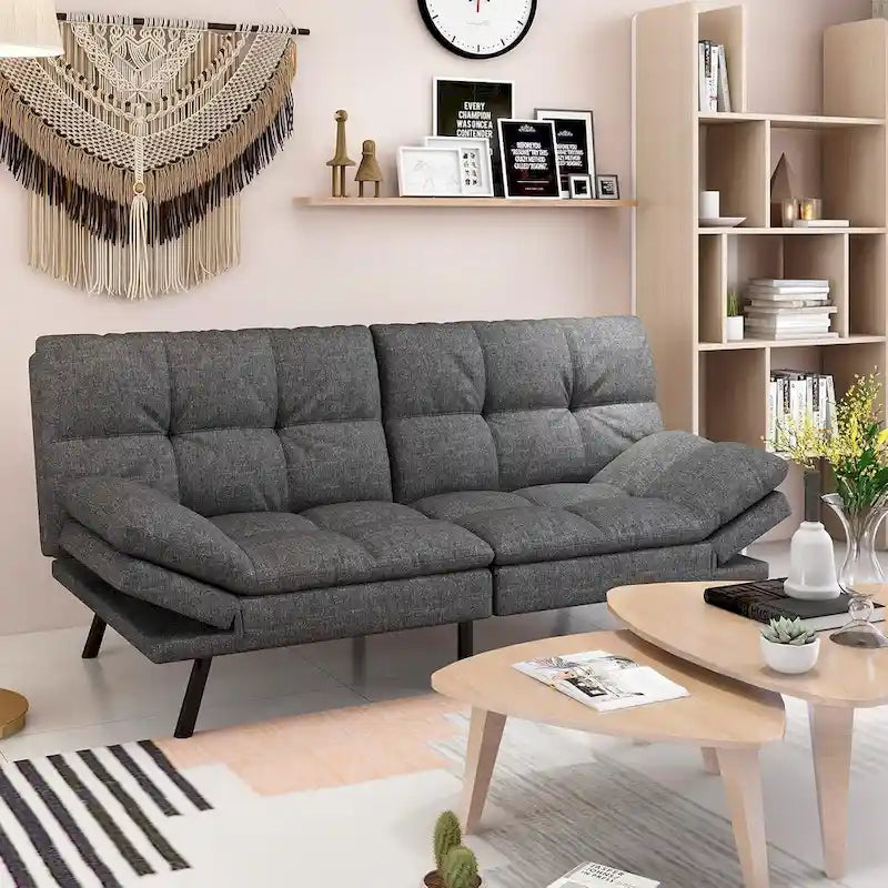 Divano letto futon convertibile grigio/nero con braccioli e schienale regolabili, 2 posti