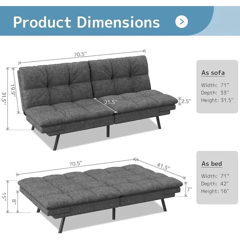 Divano letto futon convertibile grigio/nero con braccioli e schienale regolabili, 2 posti