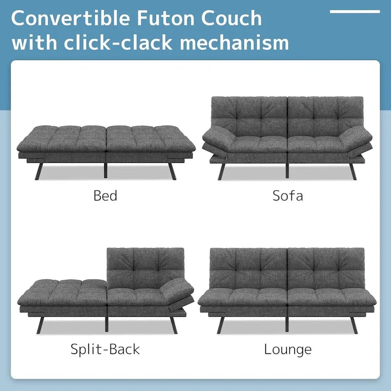 Divano letto futon convertibile grigio/nero con braccioli e schienale regolabili, 2 posti