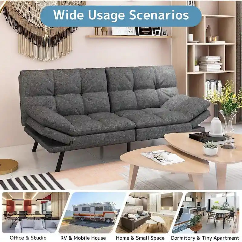Divano letto futon convertibile grigio/nero con braccioli e schienale regolabili, 2 posti