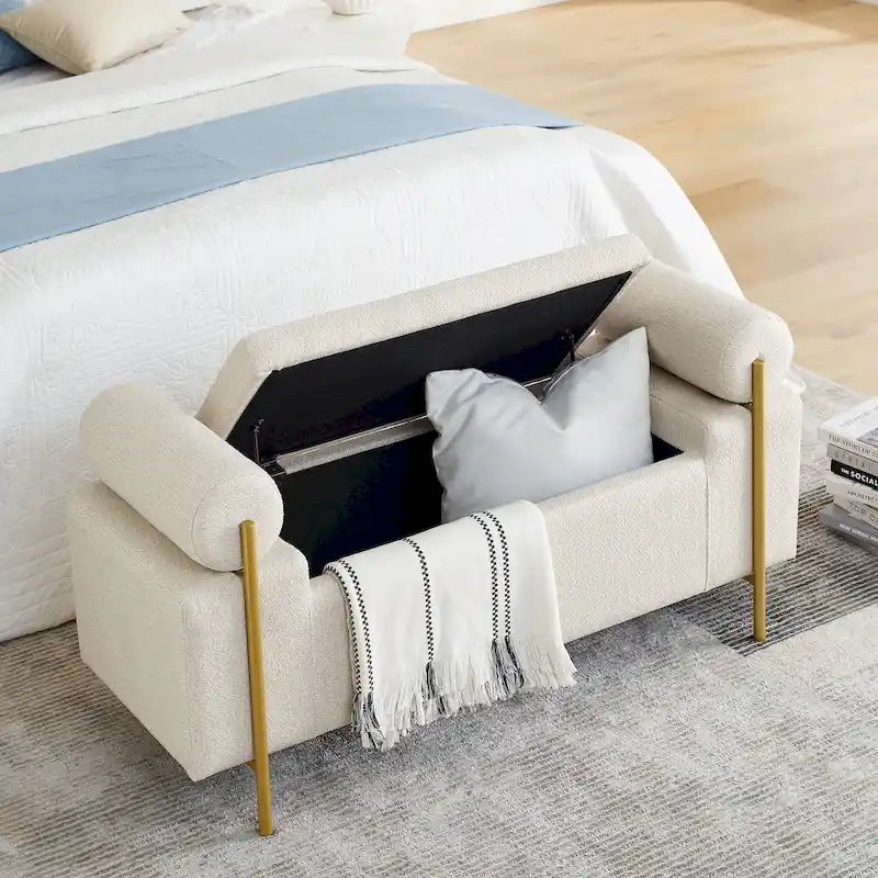 Panca contenitore in velluto beige/verde/bianco con gambe dorate – 1 posto