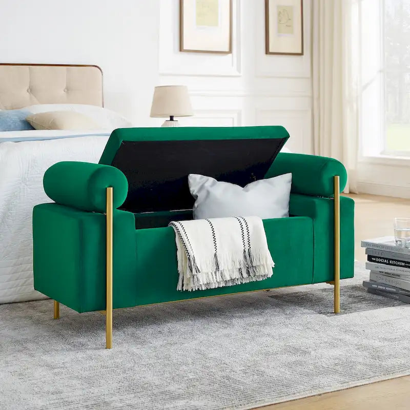Panca contenitore in velluto beige/verde/bianco con gambe dorate – 1 posto