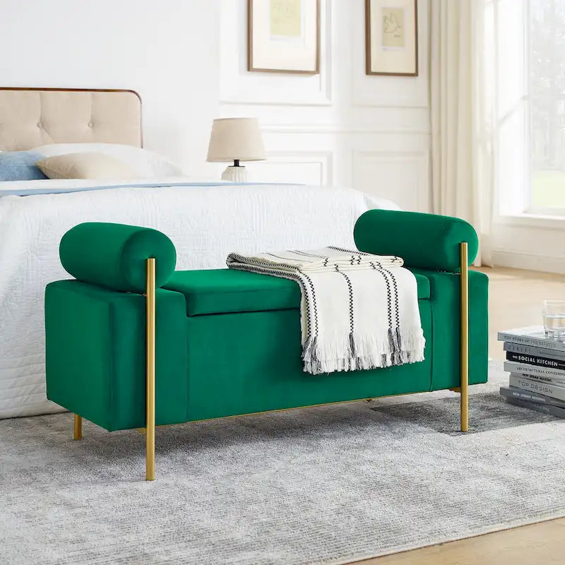 Panca contenitore in velluto beige/verde/bianco con gambe dorate – 1 posto