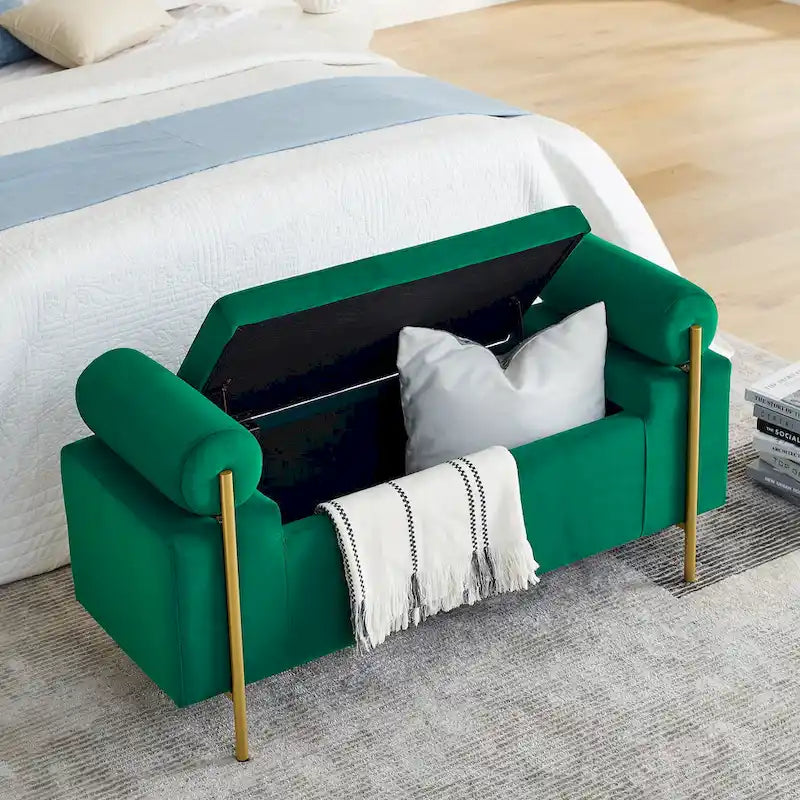 Panca contenitore in velluto beige/verde/bianco con gambe dorate – 1 posto