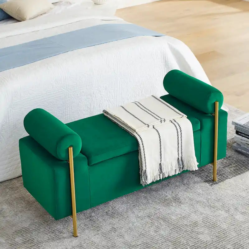 Panca contenitore in velluto beige/verde/bianco con gambe dorate – 1 posto