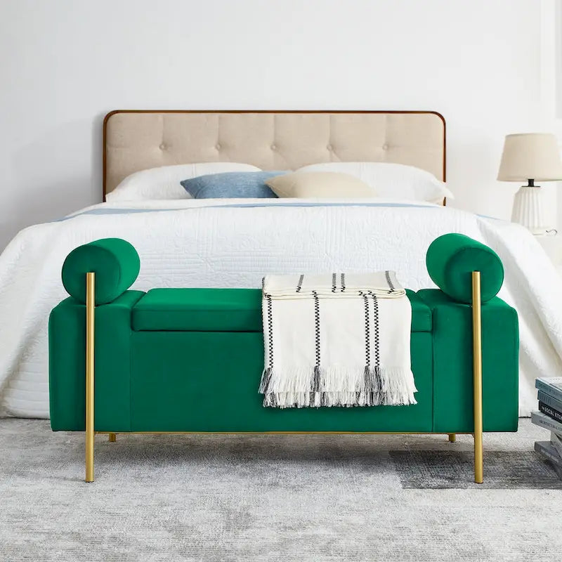 Panca contenitore in velluto beige/verde/bianco con gambe dorate – 1 posto