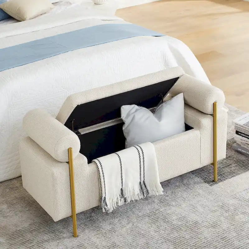 Panca contenitore in velluto beige/verde/bianco con gambe dorate – 1 posto
