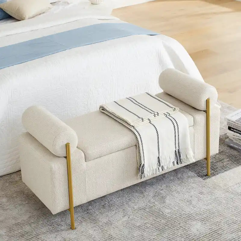Panca contenitore in velluto beige/verde/bianco con gambe dorate – 1 posto