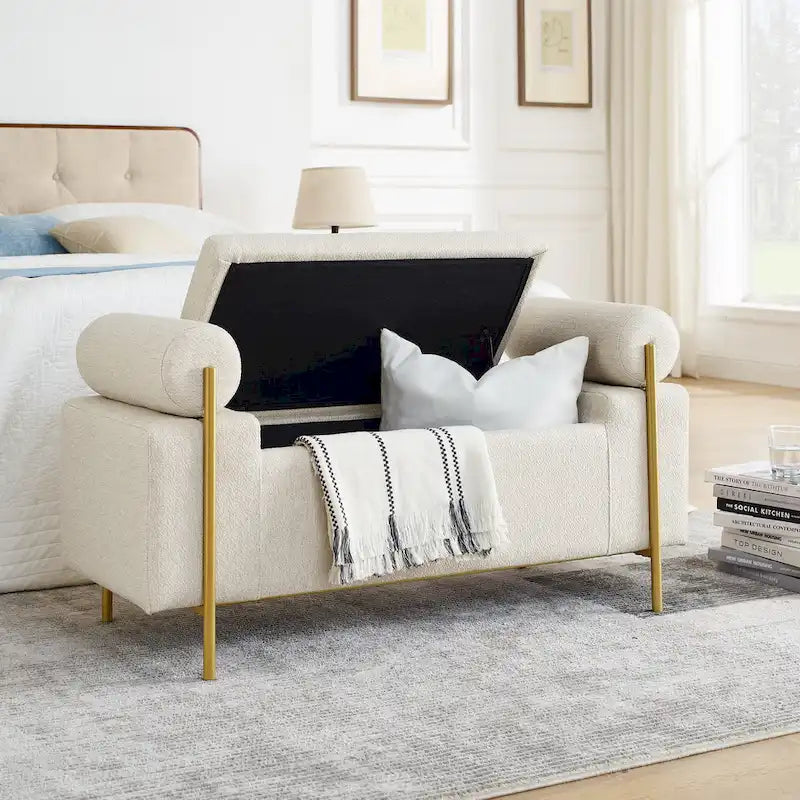 Panca contenitore in velluto beige/verde/bianco con gambe dorate – 1 posto