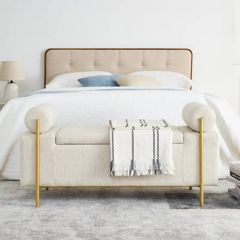 Panca contenitore in velluto beige/verde/bianco con gambe dorate – 1 posto
