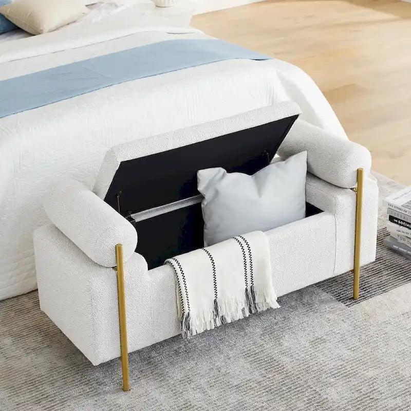 Panca contenitore in velluto beige/verde/bianco con gambe dorate – 1 posto