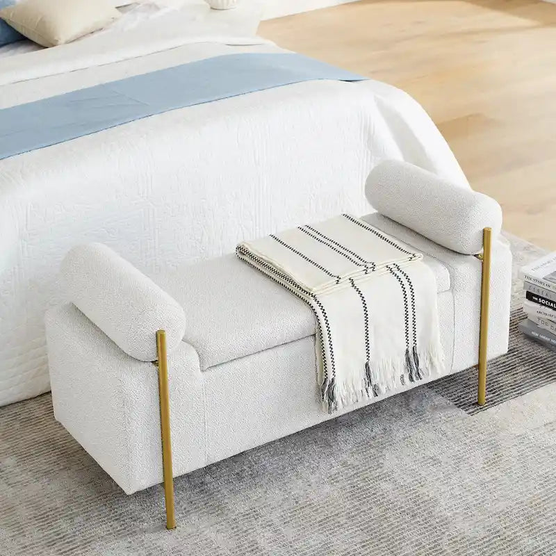 Panca contenitore in velluto beige/verde/bianco con gambe dorate – 1 posto