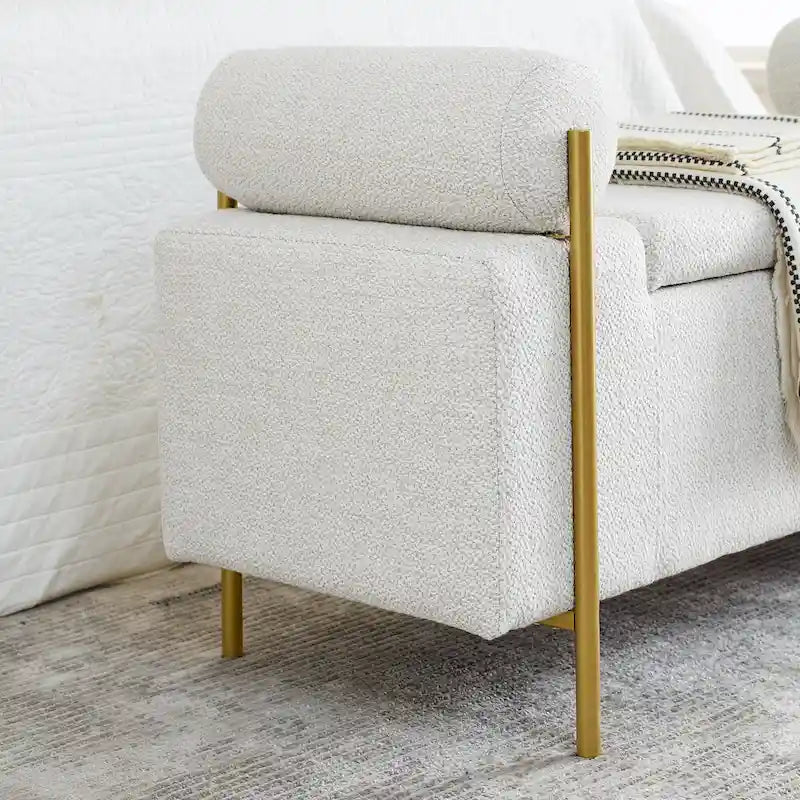 Panca contenitore in velluto beige/verde/bianco con gambe dorate – 1 posto