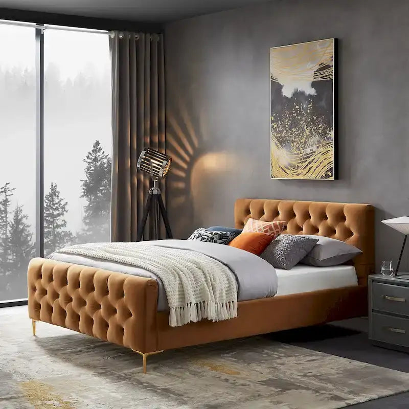 Letto Queen imbottito in velluto color cuoio con bottoni, 1-2 posti letto