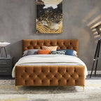 Letto Queen imbottito in velluto color cuoio con bottoni, 1-2 posti letto