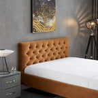 Letto Queen imbottito in velluto color cuoio con bottoni, 1-2 posti letto