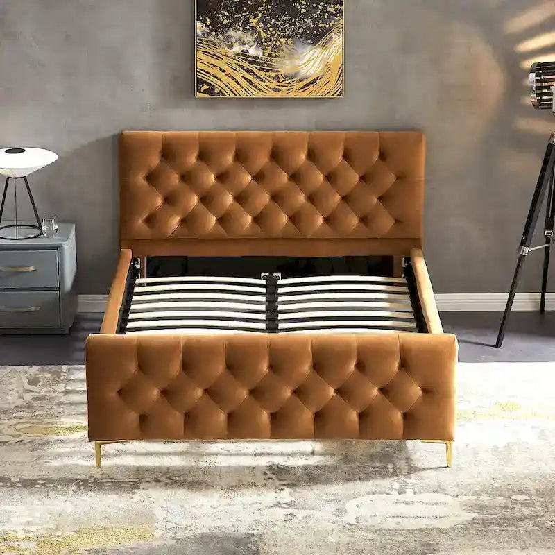 Letto Queen imbottito in velluto color cuoio con bottoni, 1-2 posti letto