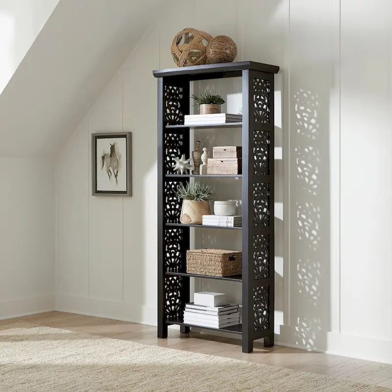 Libreria d'appoggio a 5 ripiani in legno di mango – Bianco / Nero / Grigio