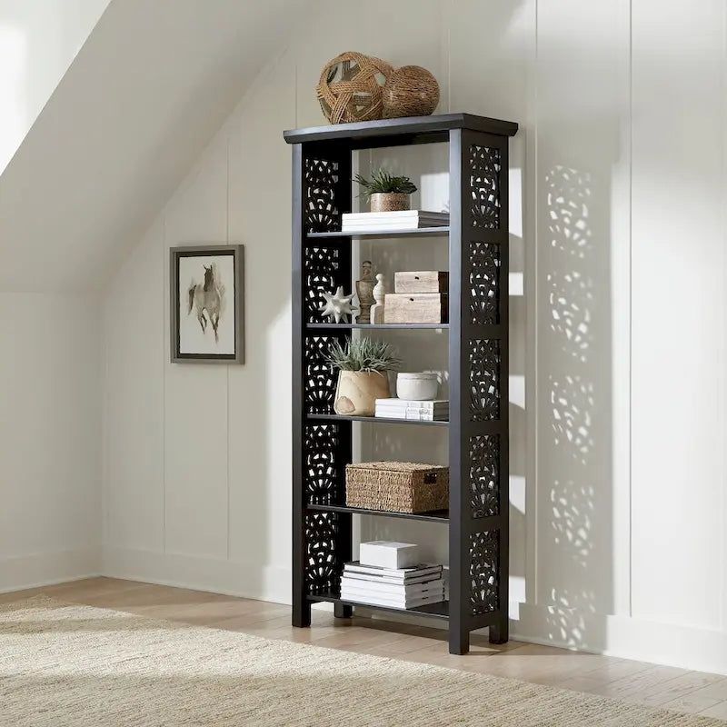 Libreria d'appoggio a 5 ripiani in legno di mango – Bianco / Nero / Grigio