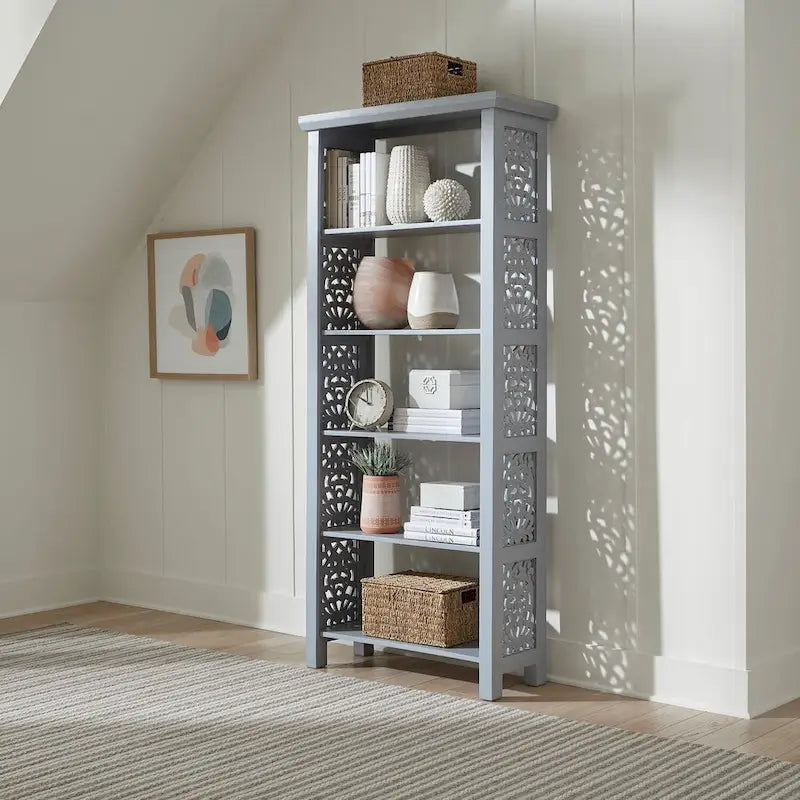 Libreria d'appoggio a 5 ripiani in legno di mango – Bianco / Nero / Grigio
