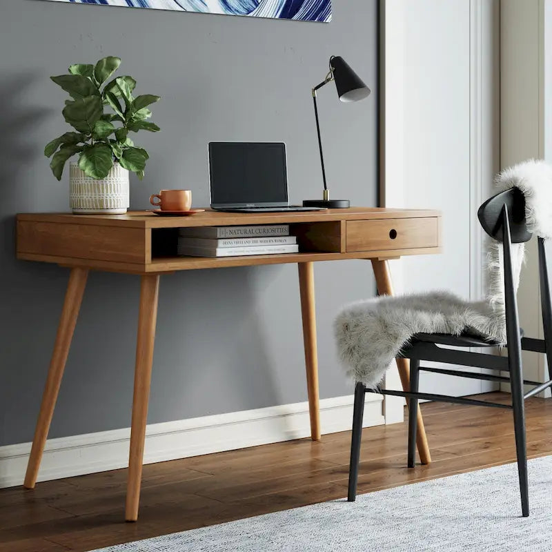 Nathan James Parker Walnut Desk with Open Storage and Small Drawer