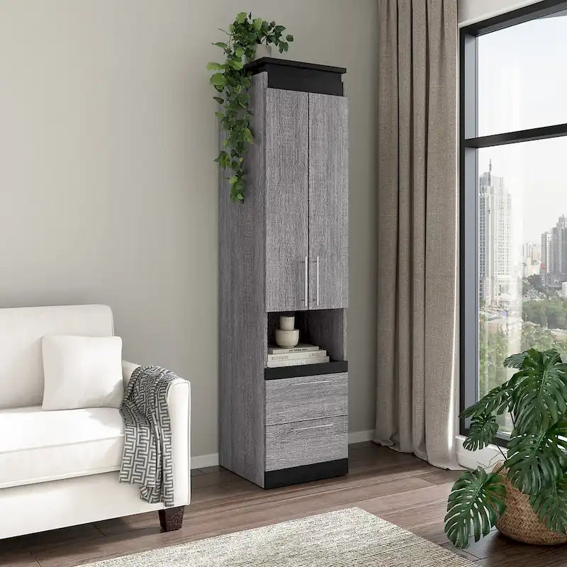 Mobiletto salvaspazio stretto Bianco/Grigio Noce e Grigio Corteccia/Grafite con ante, cassetti e ripiano estraibile