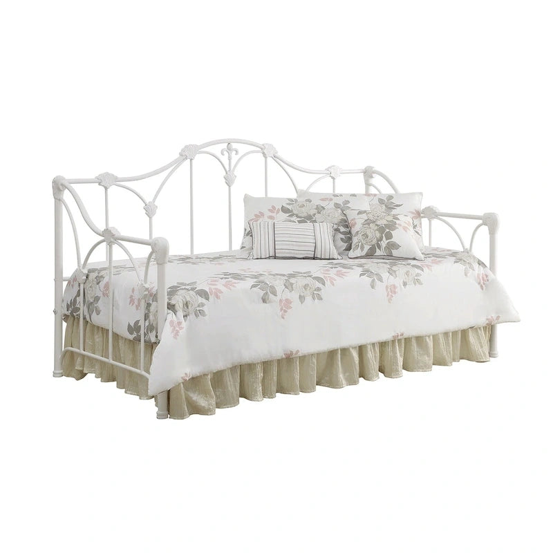 Divano letto singolo in metallo bianco con dettagli floreali