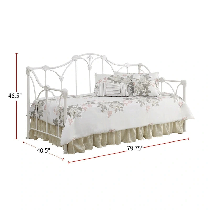 Divano letto singolo in metallo bianco con dettagli floreali