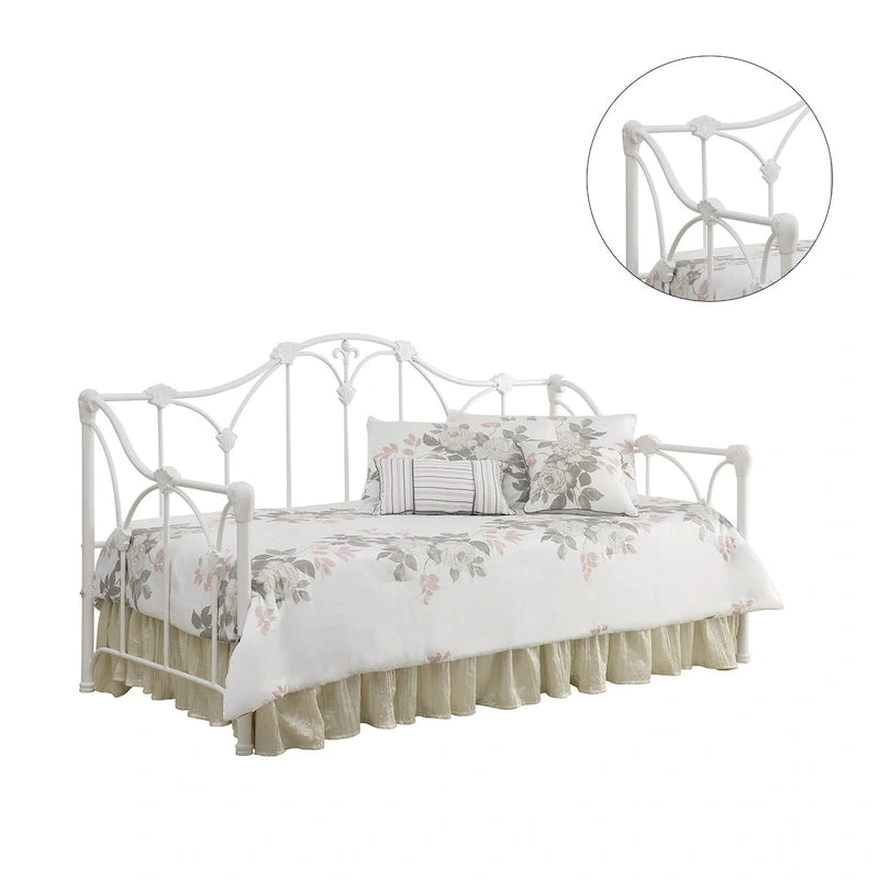 Divano letto singolo in metallo bianco con dettagli floreali