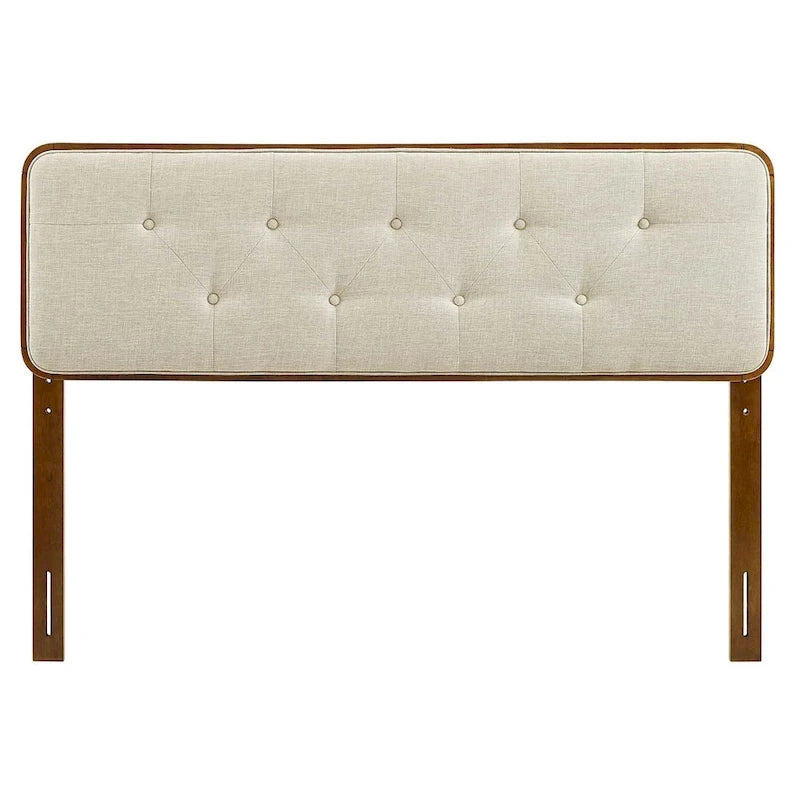Testiera Singola Beige con Bottoni, Struttura in Legno di Noce, Singola