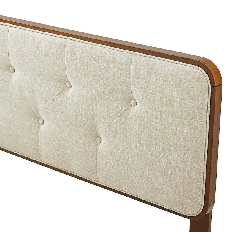 Testiera Singola Beige con Bottoni, Struttura in Legno di Noce, Singola