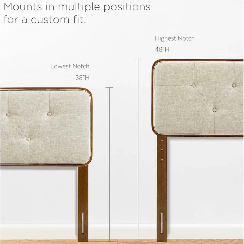 Testiera Singola Beige con Bottoni, Struttura in Legno di Noce, Singola