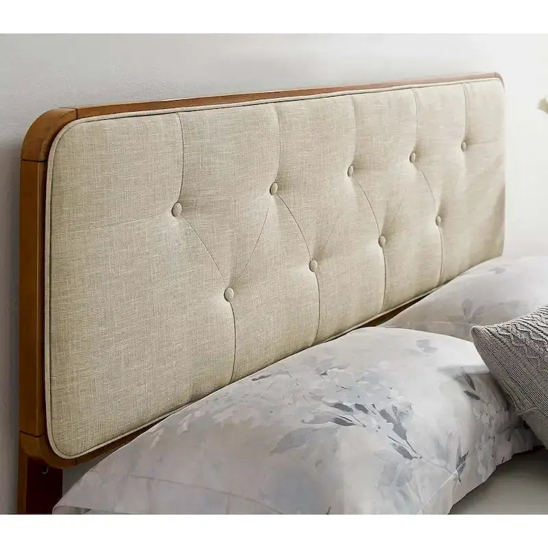Testiera Singola Beige con Bottoni, Struttura in Legno di Noce, Singola