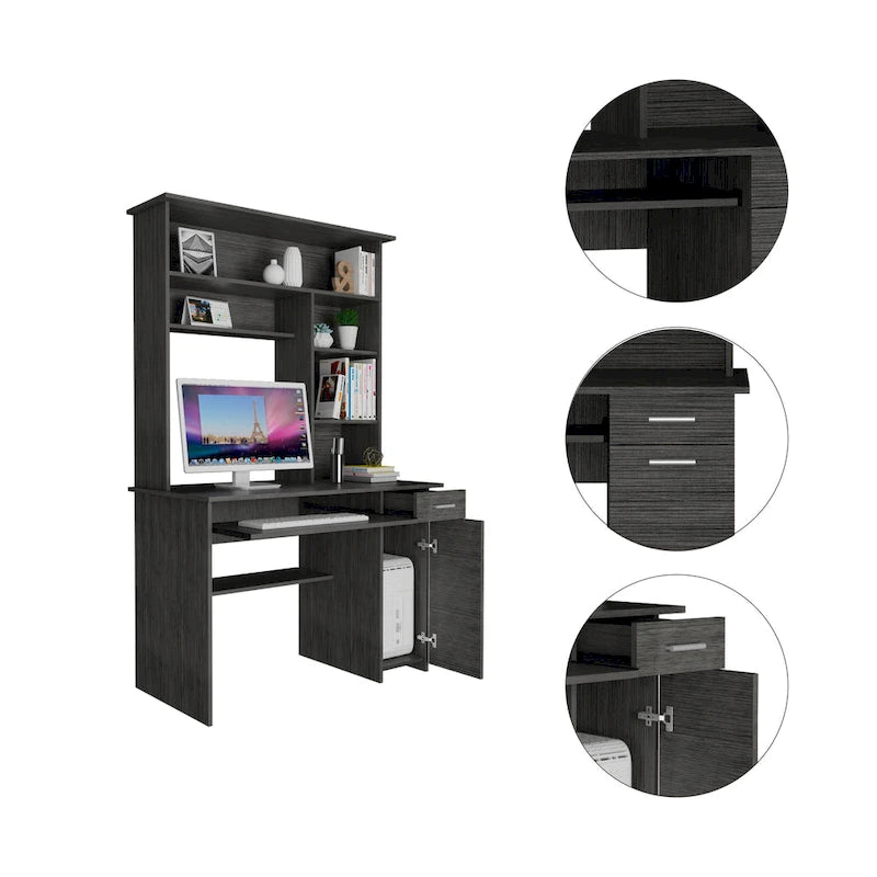 Scrivania con mobiletto, ripiani, vassoio per tastiera e pannello per CPU, grigio chiaro/grigio scuro/nera – 1 persona