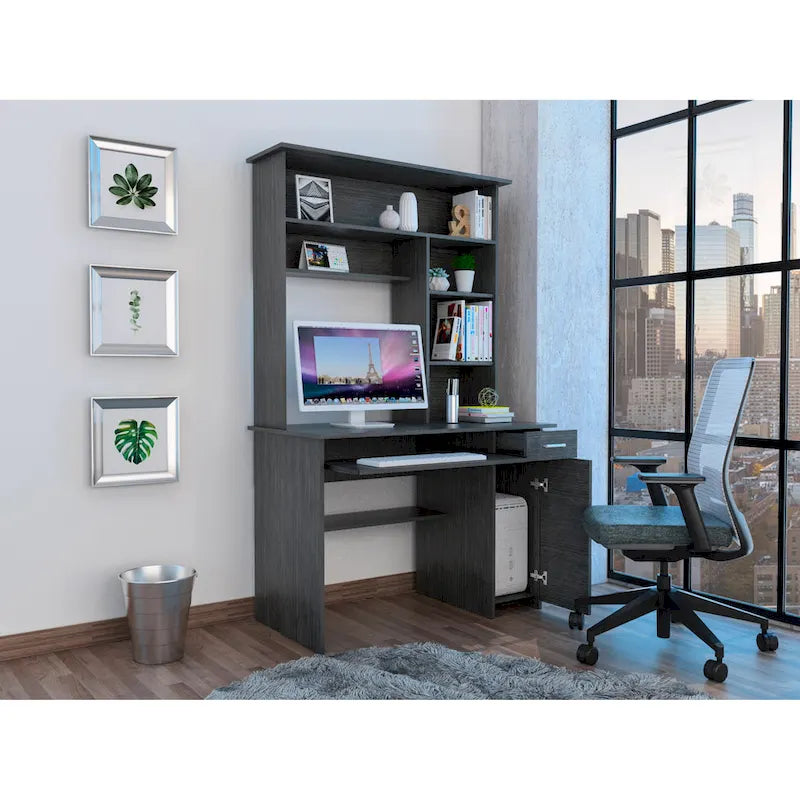 Scrivania con mobiletto, ripiani, vassoio per tastiera e pannello per CPU, grigio chiaro/grigio scuro/nera – 1 persona