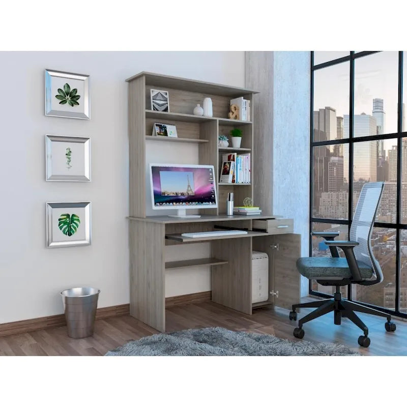 Scrivania con mobiletto, ripiani, vassoio per tastiera e pannello per CPU, grigio chiaro/grigio scuro/nera – 1 persona