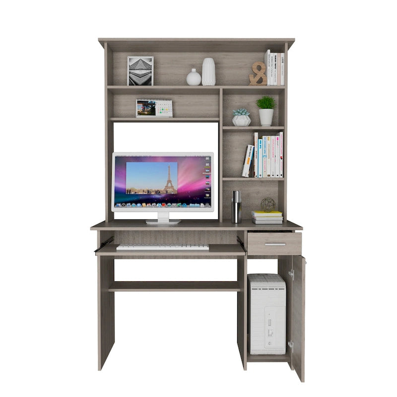 Scrivania con mobiletto, ripiani, vassoio per tastiera e pannello per CPU, grigio chiaro/grigio scuro/nera – 1 persona