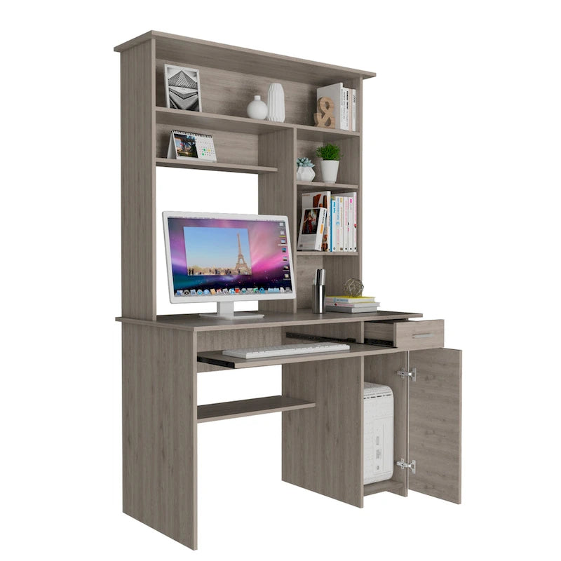 Scrivania con mobiletto, ripiani, vassoio per tastiera e pannello per CPU, grigio chiaro/grigio scuro/nera – 1 persona