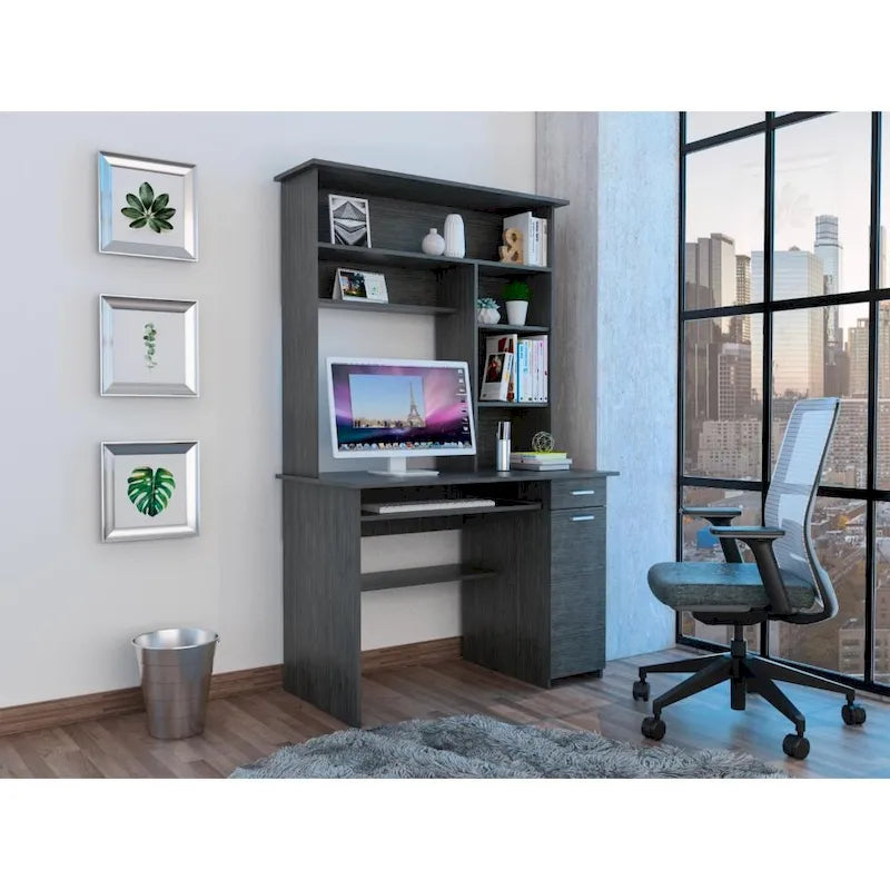 Scrivania con mobiletto, ripiani, vassoio per tastiera e pannello per CPU, grigio chiaro/grigio scuro/nera – 1 persona