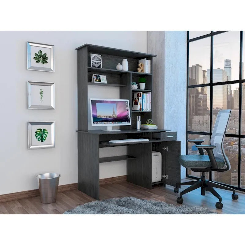 Scrivania con mobiletto, ripiani, vassoio per tastiera e pannello per CPU, grigio chiaro/grigio scuro/nera – 1 persona