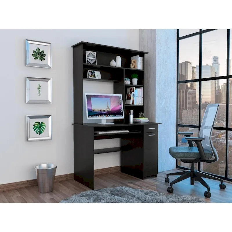 Scrivania con mobiletto, ripiani, vassoio per tastiera e pannello per CPU, grigio chiaro/grigio scuro/nera – 1 persona